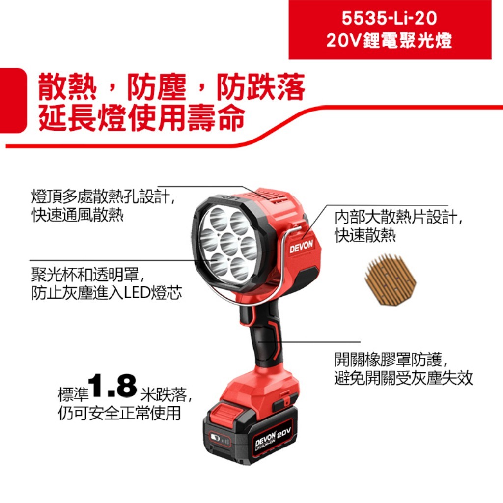 WIN五金 Devon大有 5535-Li-20 鋰電聚光燈 2800流明 手電筒 LED燈 工作燈 照明燈 手持照明燈, , large