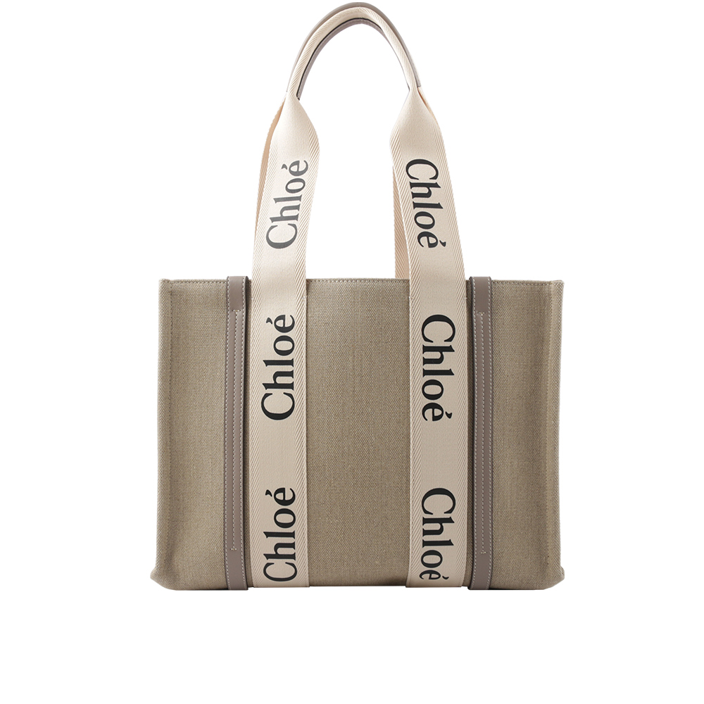 CHLOE' Woody 亞麻帆布拼牛皮托特包/中款/麝香灰, , large