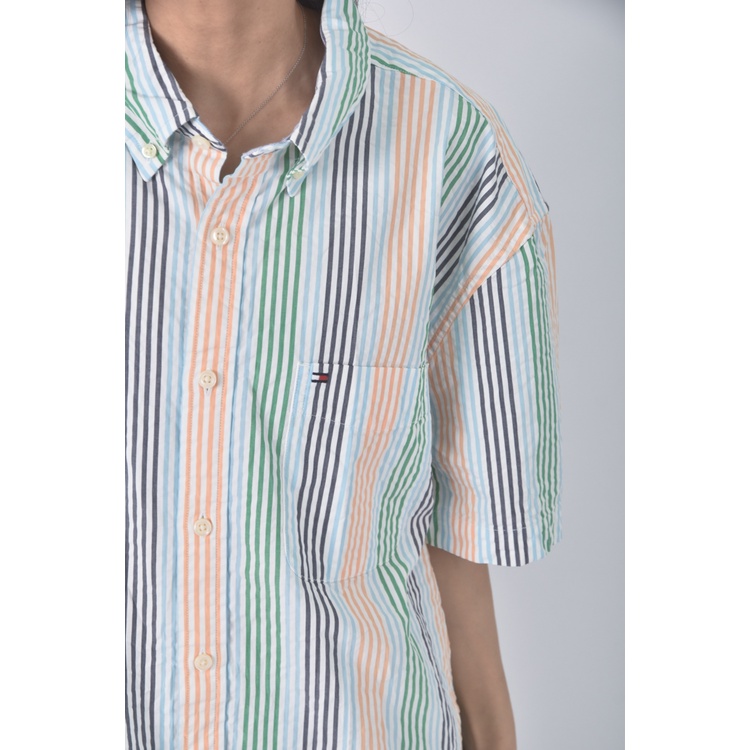 (XL) tommy hilfiger質感棉質條紋綠色短袖上衣二手衣, , large