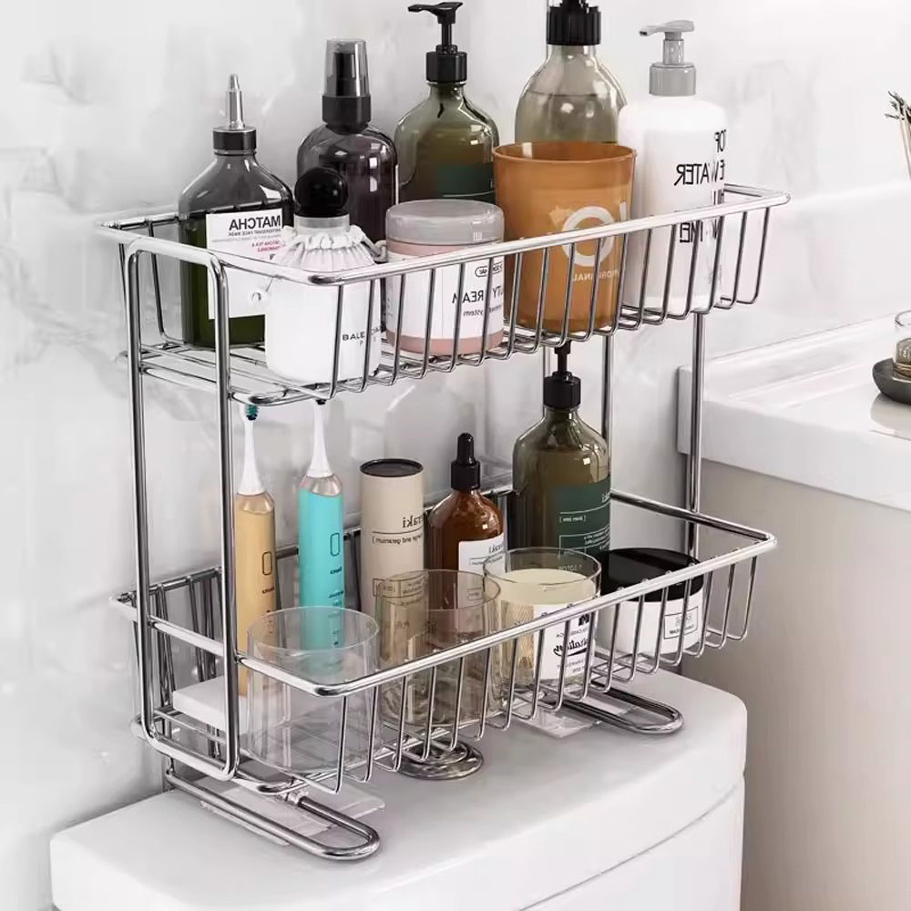 Double-layer, no-drill 304 stainless steel toilet top shelf with back clearance storage, bathroom wall-mounted storage rack.