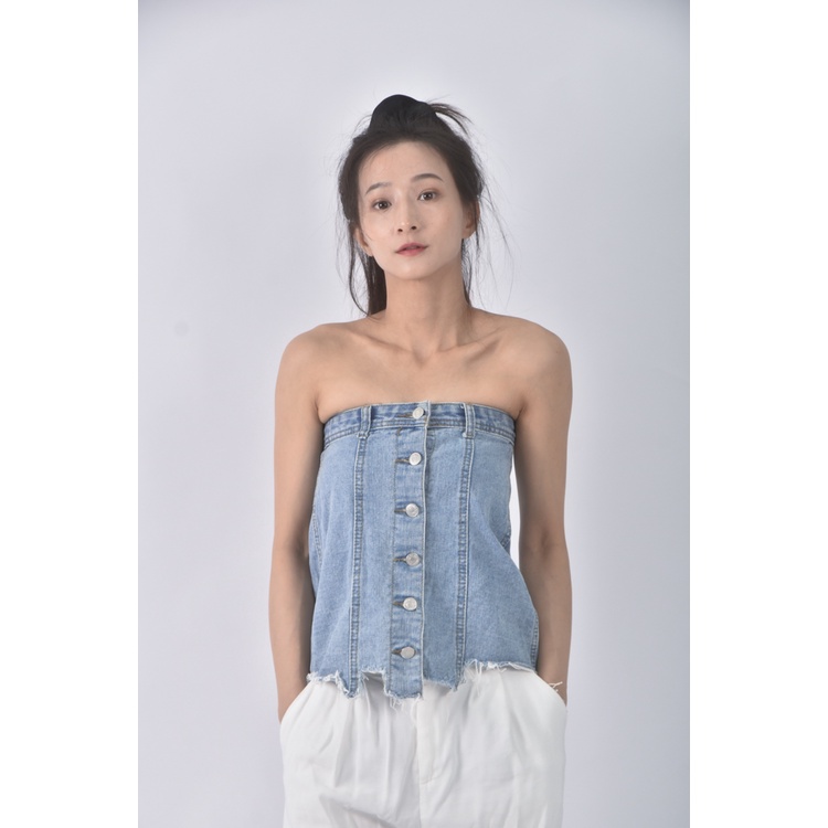 (S) 【安于晴Charlene私服】丹寧牛仔質感抹胸藍色上衣二手衣