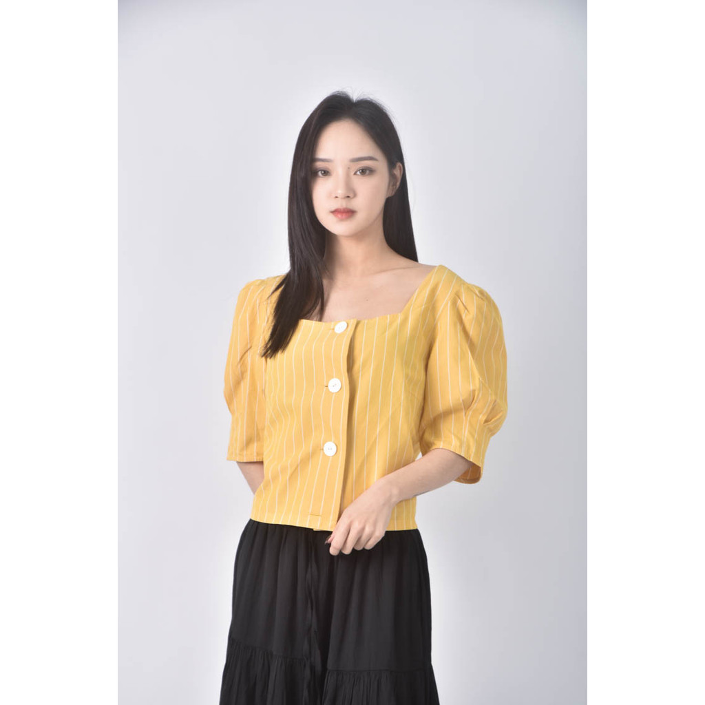 (S) agnes b排扣黃色短袖上衣二手衣, , large