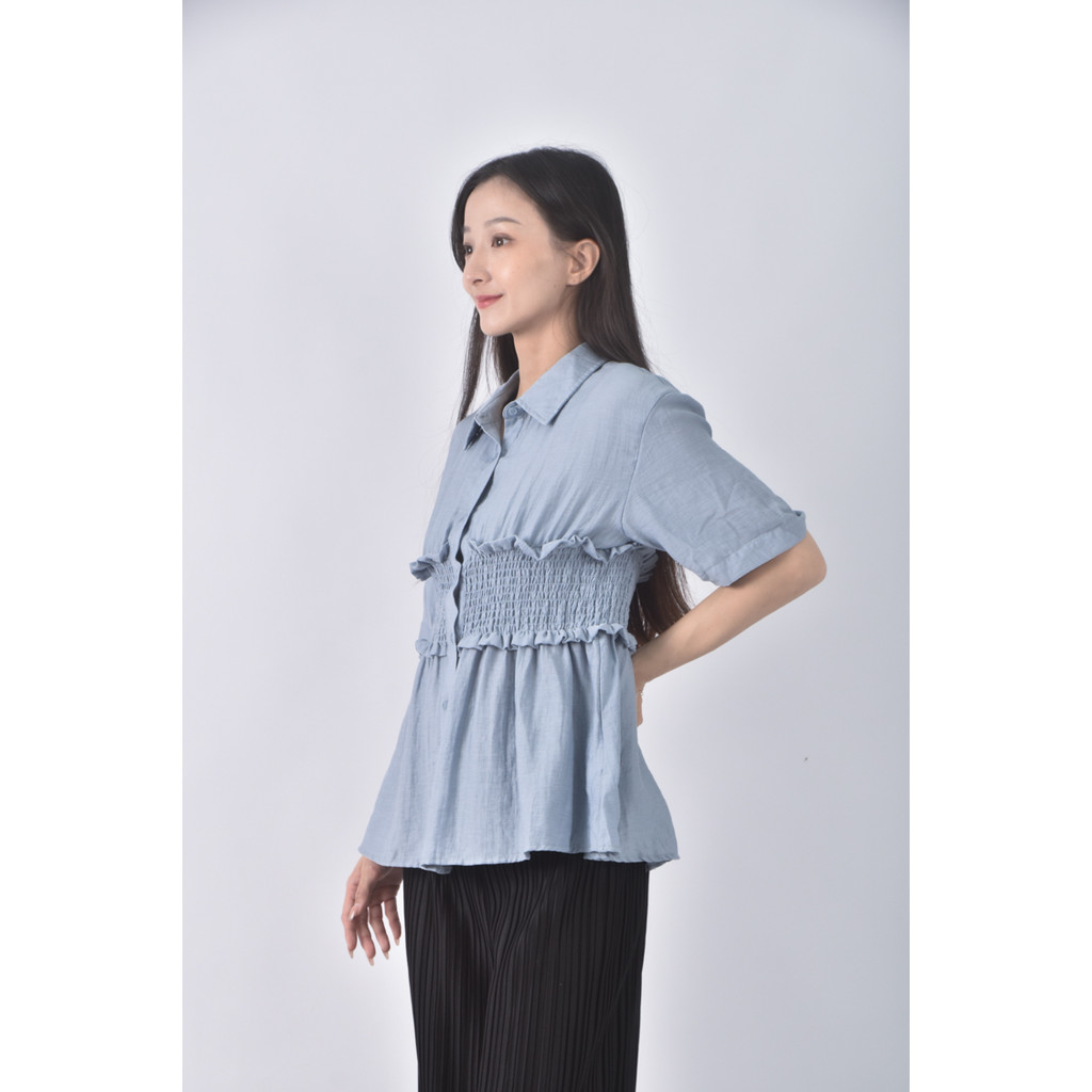 (S) retro girl亞麻收腰藍色襯衫上衣二手衣, , large