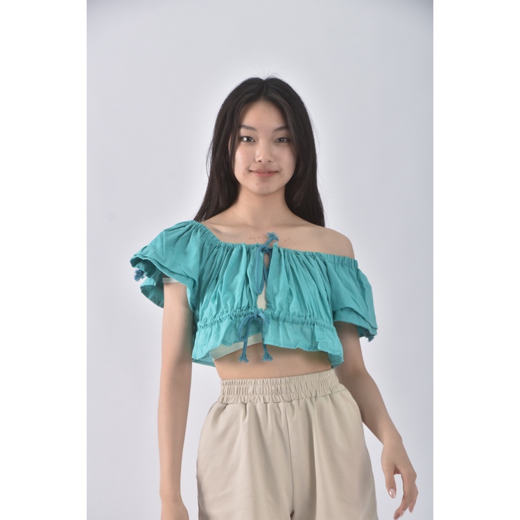 (S) 一字領綠色短袖上衣二手衣, , large