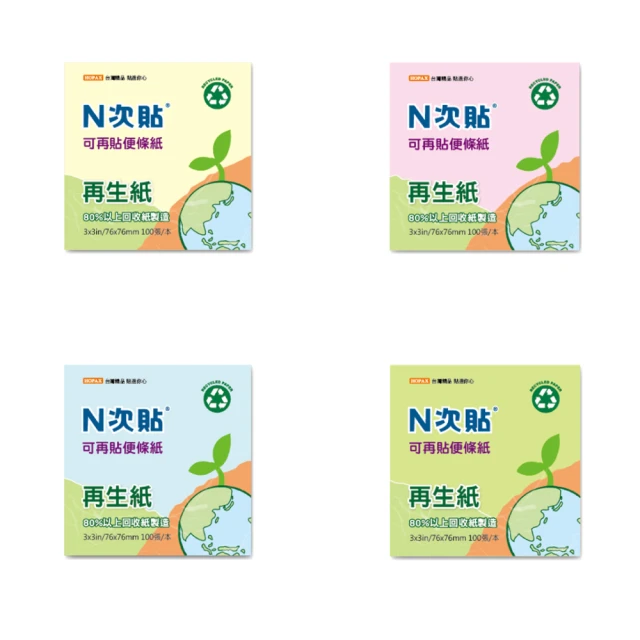 【N次貼】再生紙-可再貼便條紙 76x76mm 黃、粉紅、藍、綠 100張/本  61908-61911  -  多款可選, , large