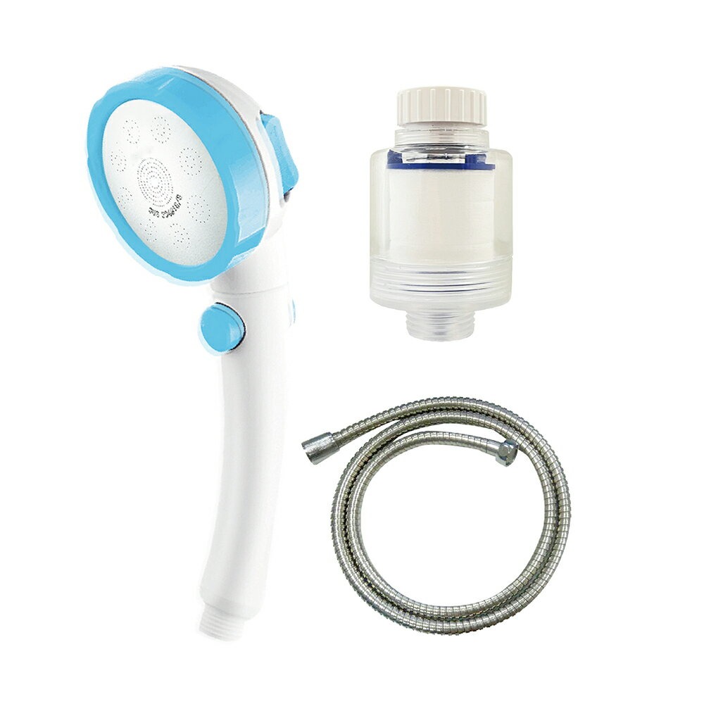 [春佰億] CURURU 三段增壓一鍵止水花灑過濾組(藍色蓮蓬頭1+除氯過濾器1+不鏽鋼軟管1)發明銅牌獎, , large