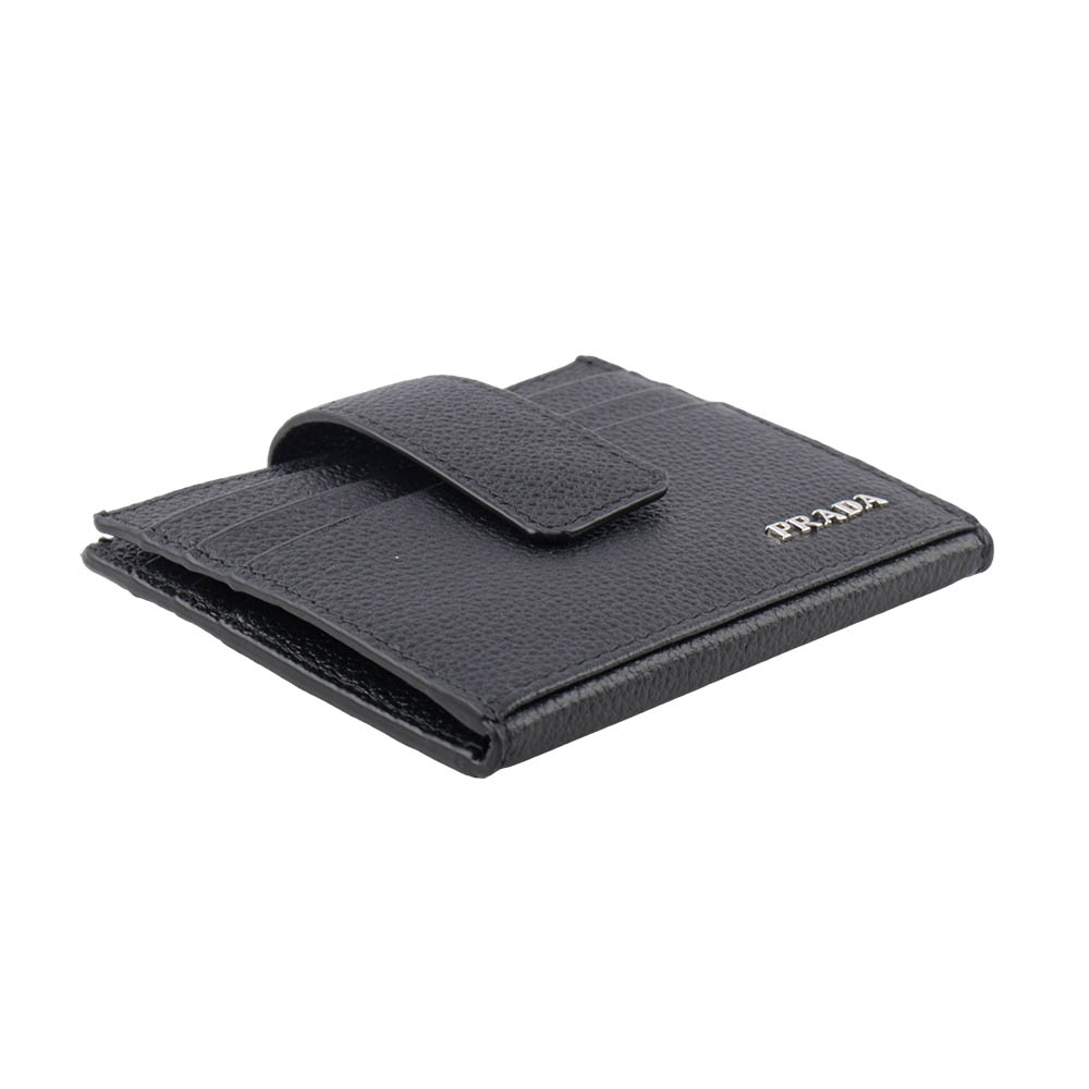 PRADA 銀字Logo 粒紋牛皮釦式二折卡片夾/名片夾/黑色, , large