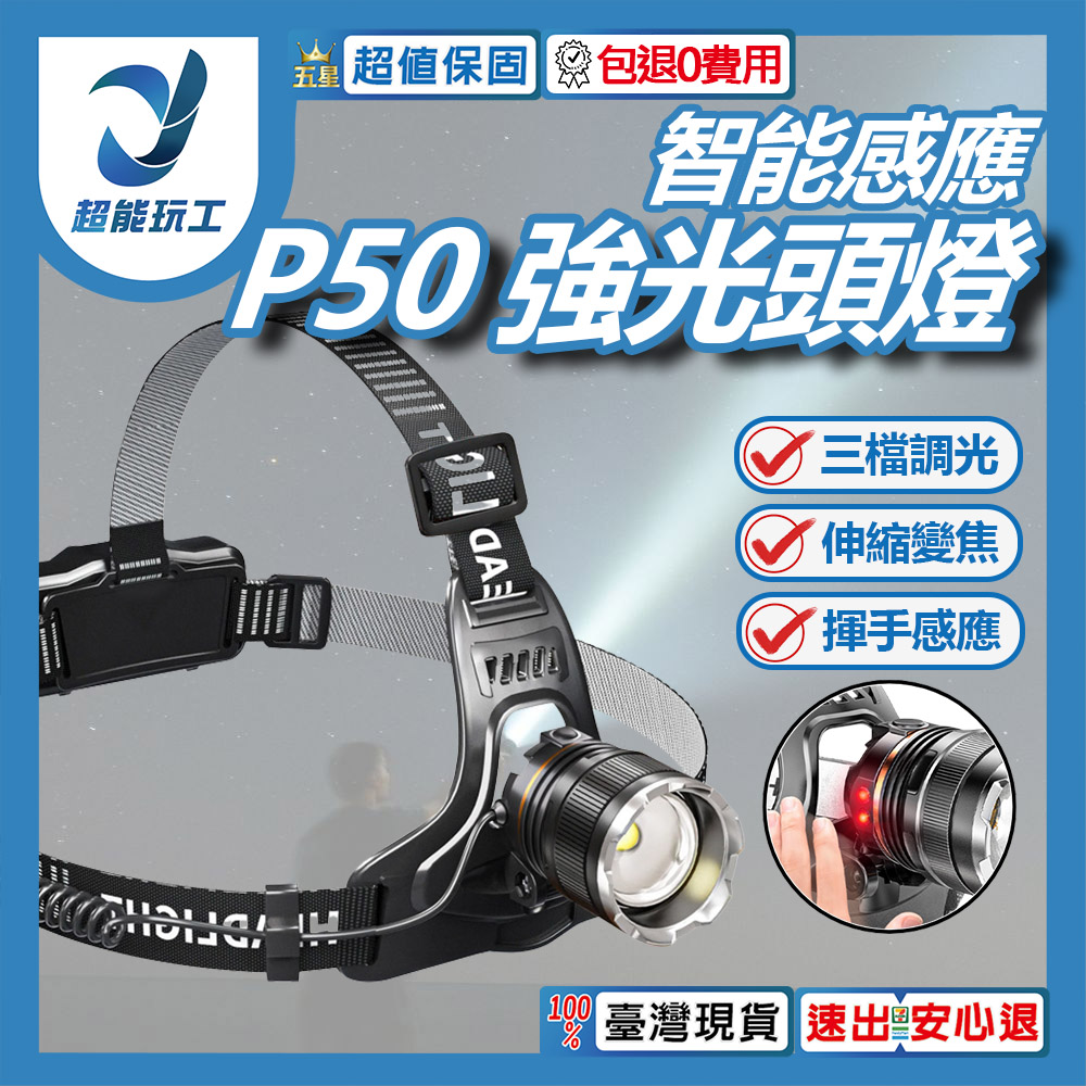 P50 Smart Sensor High-Intensity Headlamp (USB cable + 2 x 18650 batteries)