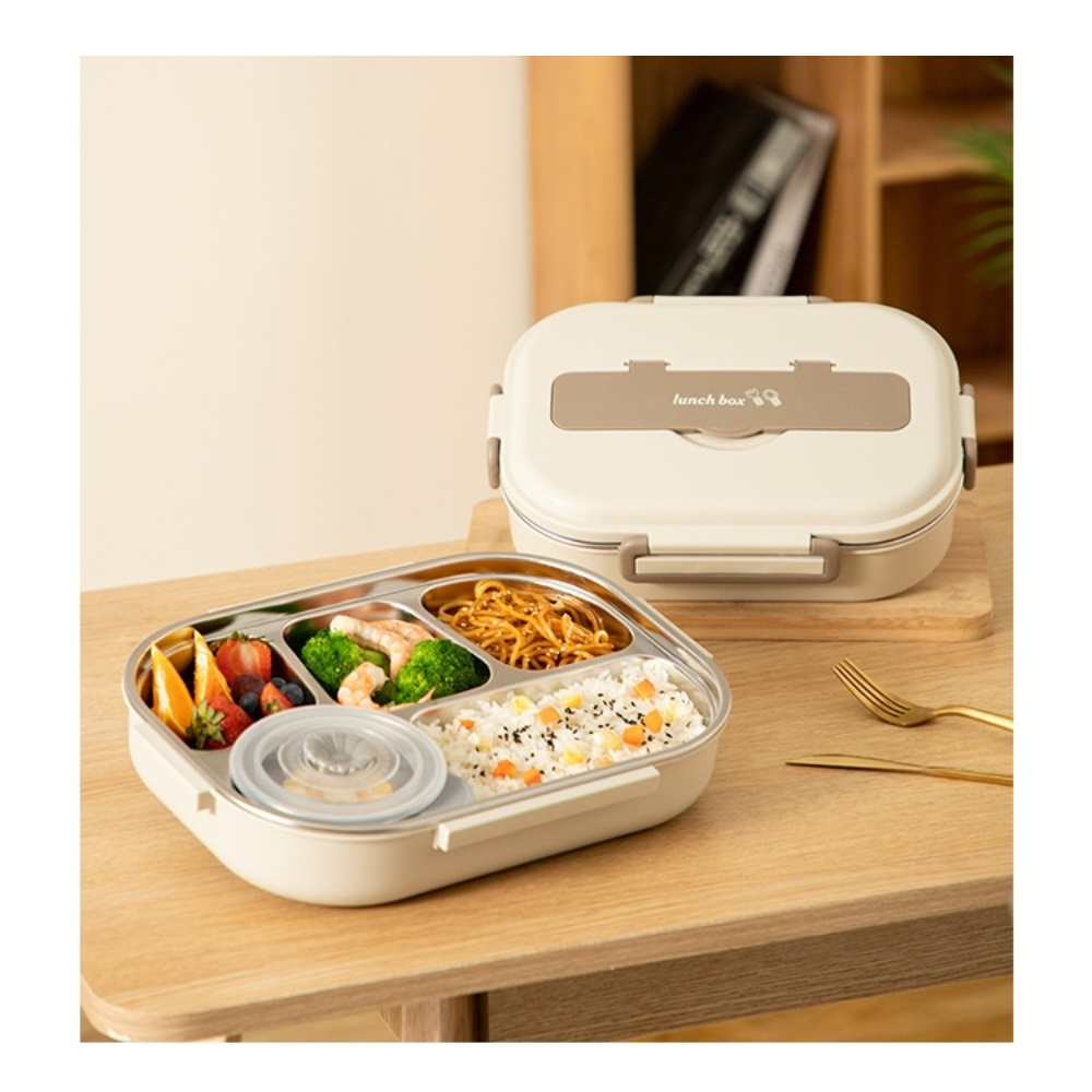 【A&R】日式304不鏽鋼四格微波便當盒附湯碗+餐具 1500ML 米色, , large