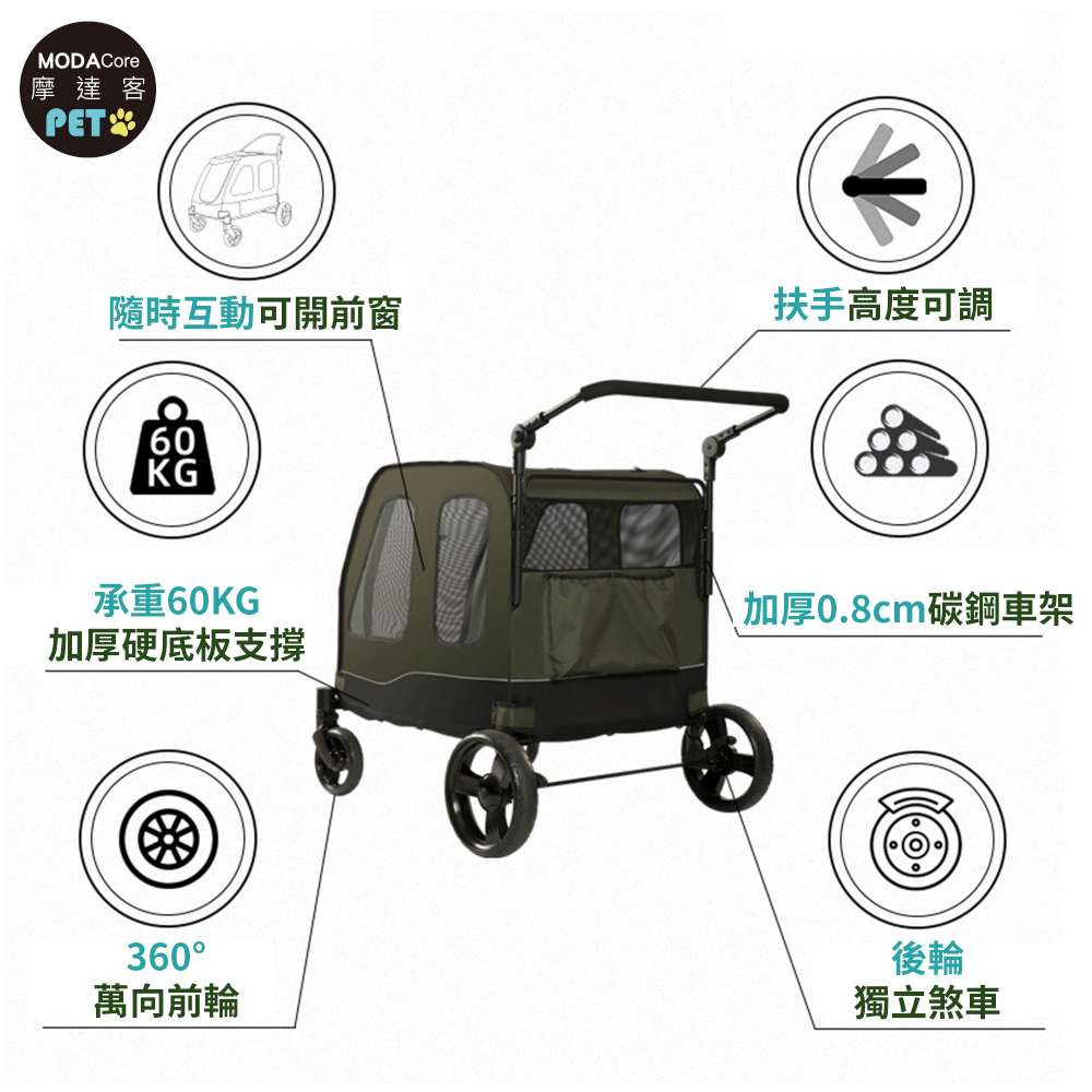 摩達客-HB04大空間 輕便 超透氣 可容數隻小型犬貓動物 折疊寵物推車/綠色款/40KG以下貓狗適用, , large
