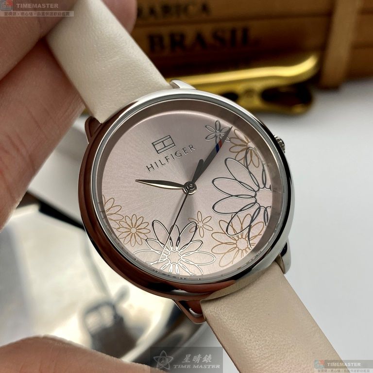 [星晴錶業]TommyHilfiger手錶,36mm,TH00036粉紅色錶面銀錶殼米白色真皮皮革錶帶款, , large