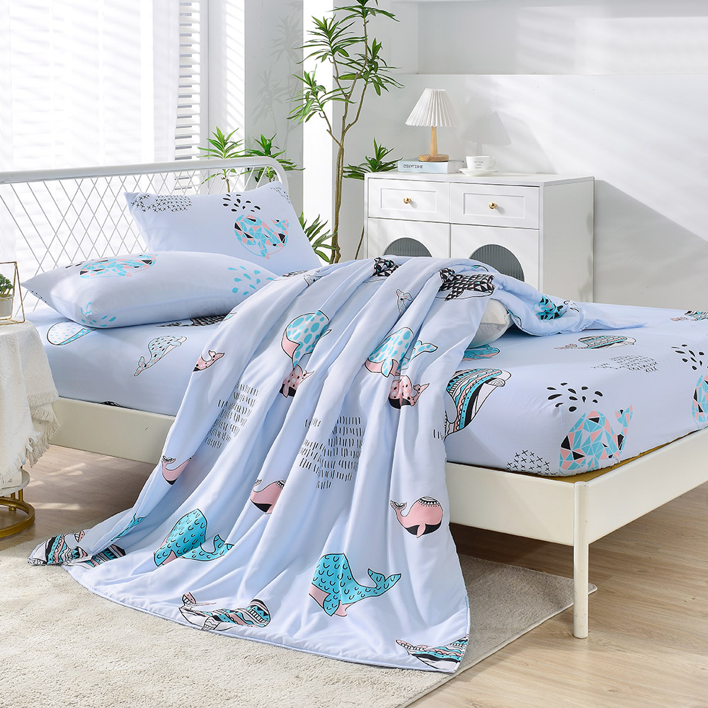 【FOCA】Deep Sea Blue Whale | 3M Patented Moisture Wicking, Breathable, Antibacterial Tencel Four Seasons Quilt/Cool Quilt Bed Sheet Set - Double, , large