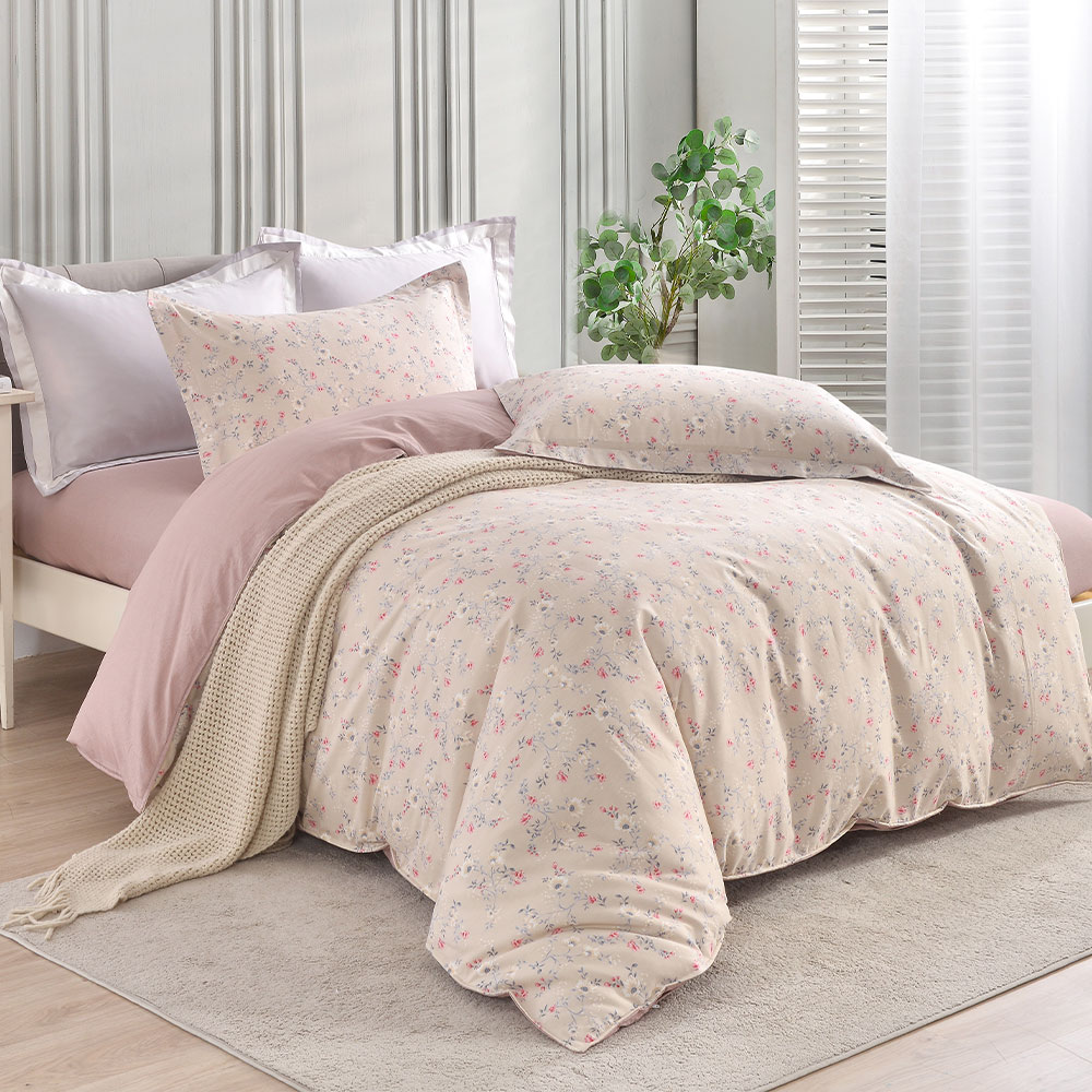 【Betrise】Camellia cheese | Environmentally friendly printing and dyeing anti-mite antibacterial 100% combed cotton dual-purpose quilt bed sheet set - double, , large