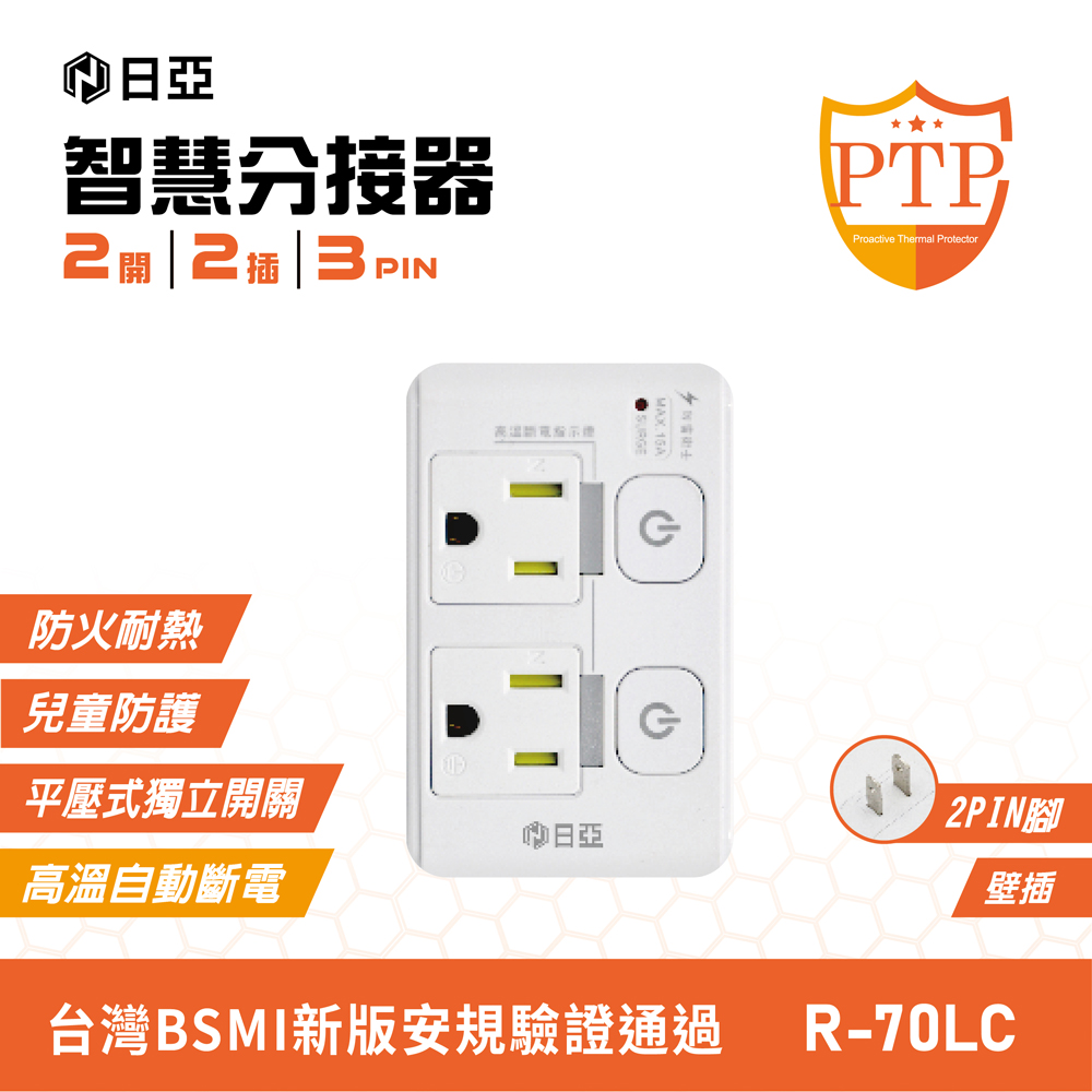 [寶旺旺] 日亞 智慧防雷3孔2插 3面插 分接器(新安規 PTP高溫斷電指示燈) R-70LC, , large