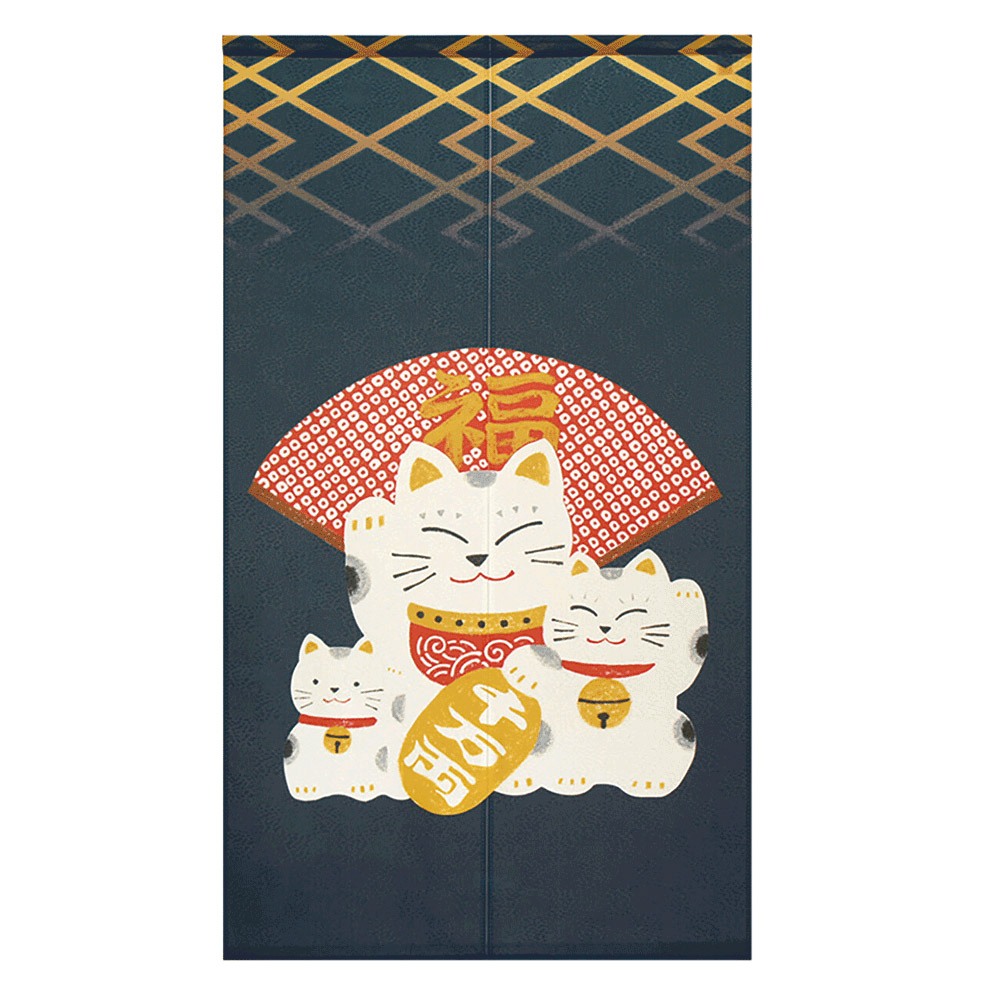 日本製【コスモ】長門簾《招財貓福扇》海軍藍, , large