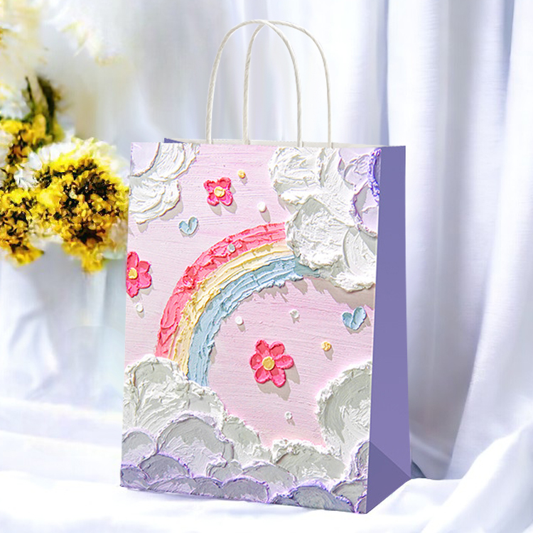 油畫風 禮物袋【多色可選】 立體 禮品袋 包裝袋 手提袋 紙袋 手提紙袋 簡約紙袋 禮物, , large