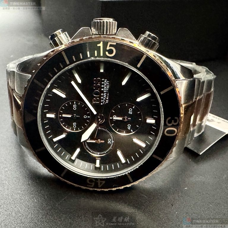 [星晴錶業]BOSS手錶,46mm,HB1513705黑色錶面黑錶殼金銀相間精鋼錶帶款, , large