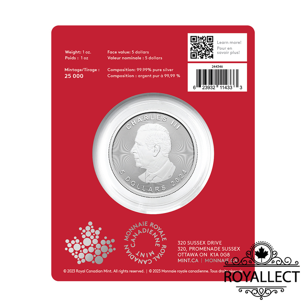 Treasured Canadian Maple Leaf 1 oz Silver 2024 Dragon Privy Mark (First Strikes), , large