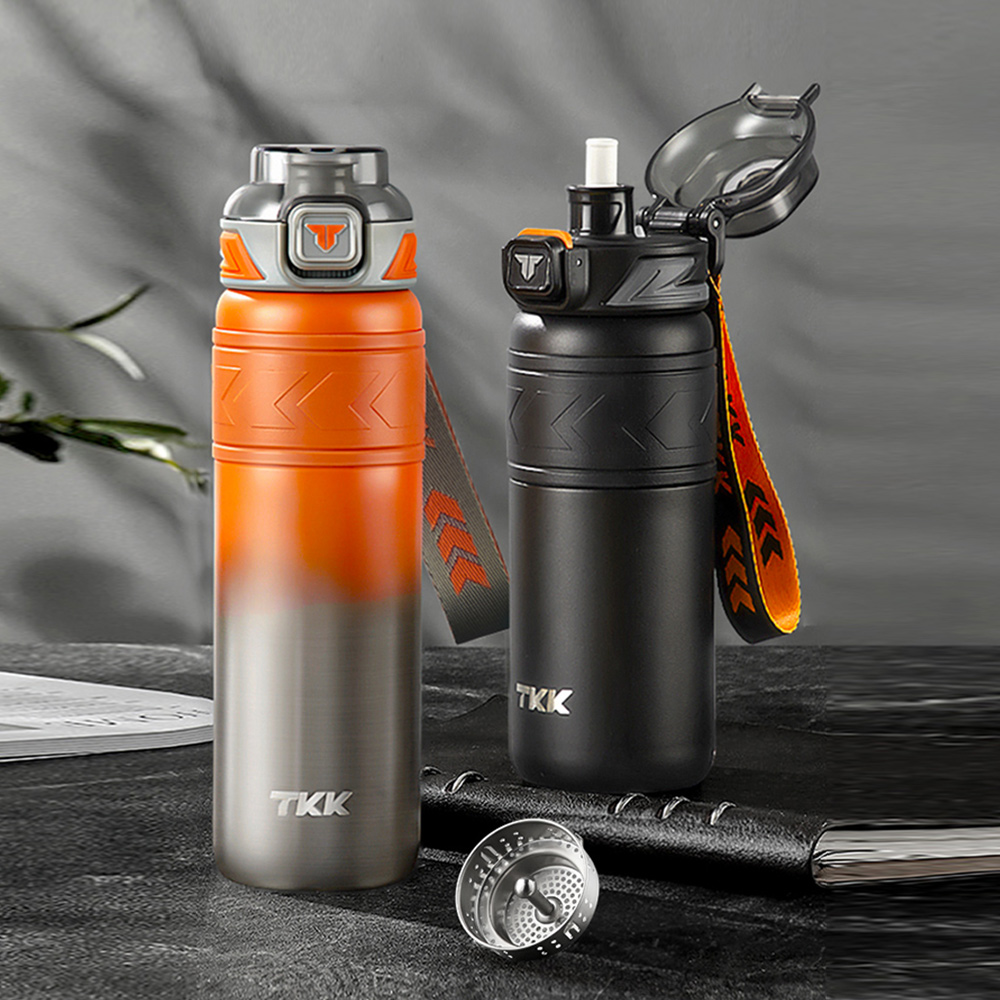 【TKK】邁越系列 316不鏽鋼 兩用 保溫杯 運動水壺900ML(直飲+吸管)-赤橙鋼, , large