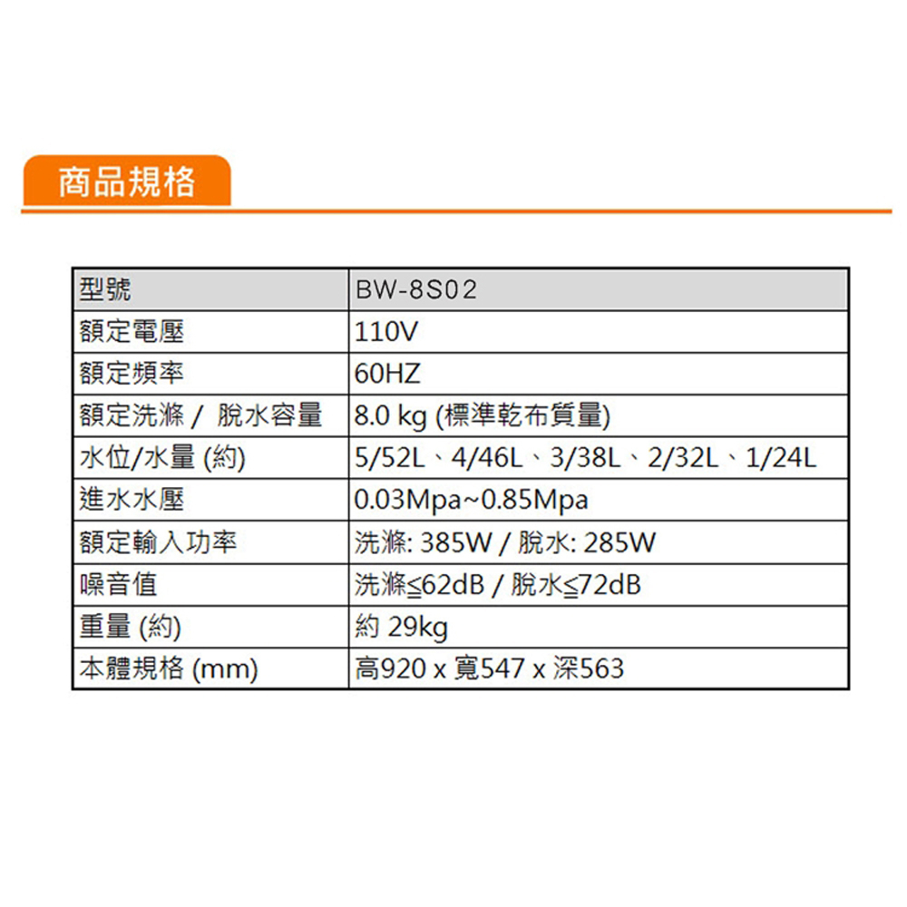 Kolin 歌林 8公斤 單槽全自動定頻直立式洗衣機 BW-8S02, , large