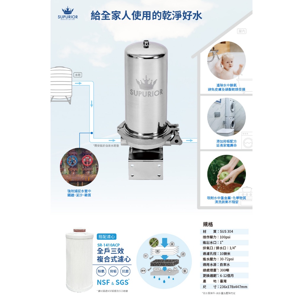 【麗水生活】Supurior 速沛優 SR-1410HSS 全戶式除氯抑垢濾淨組(含專用全戶三效複合式濾芯), , large