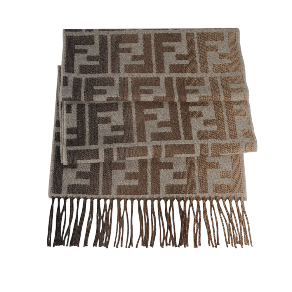 FENDI FF Logo 刷毛羊毛及喀什米爾流蘇圍巾/米棕色, , large