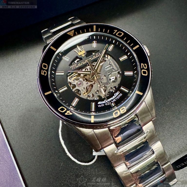 [星晴錶業]MASERATI手錶,46mm,R8823140008黑色雙面機械鏤空錶面銀錶殼銀色精鋼錶帶款, , large