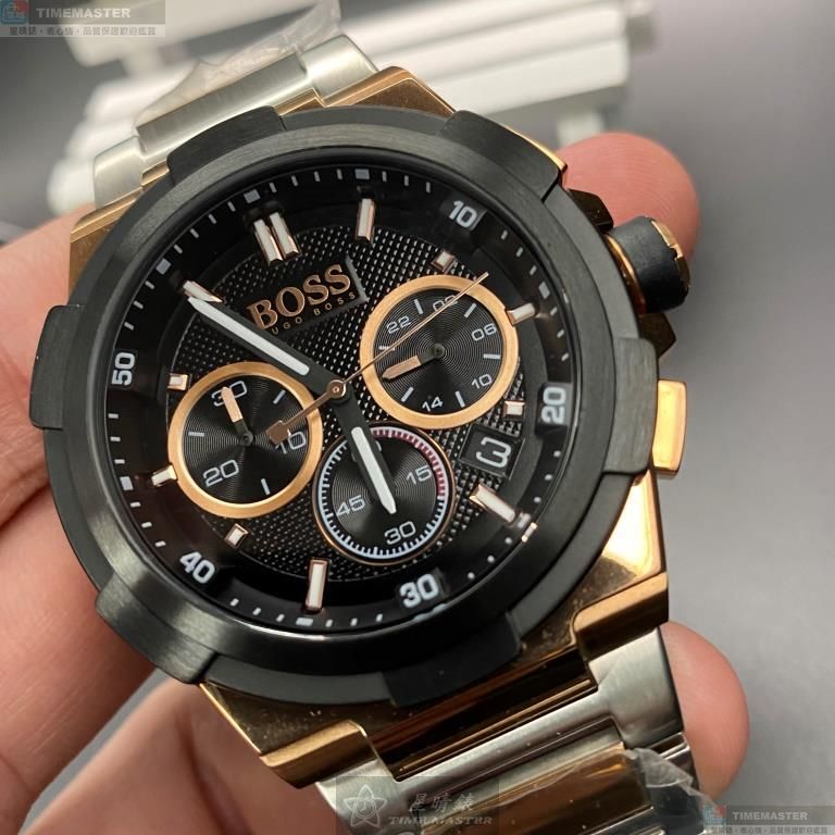 [星晴錶業]BOSS手錶,46mm,HB1513358黑色錶面黑金錶殼金銀相間精鋼錶帶款, , large