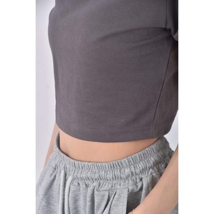 (S) gu修身短版棉質素面灰色短袖上衣二手衣, , large