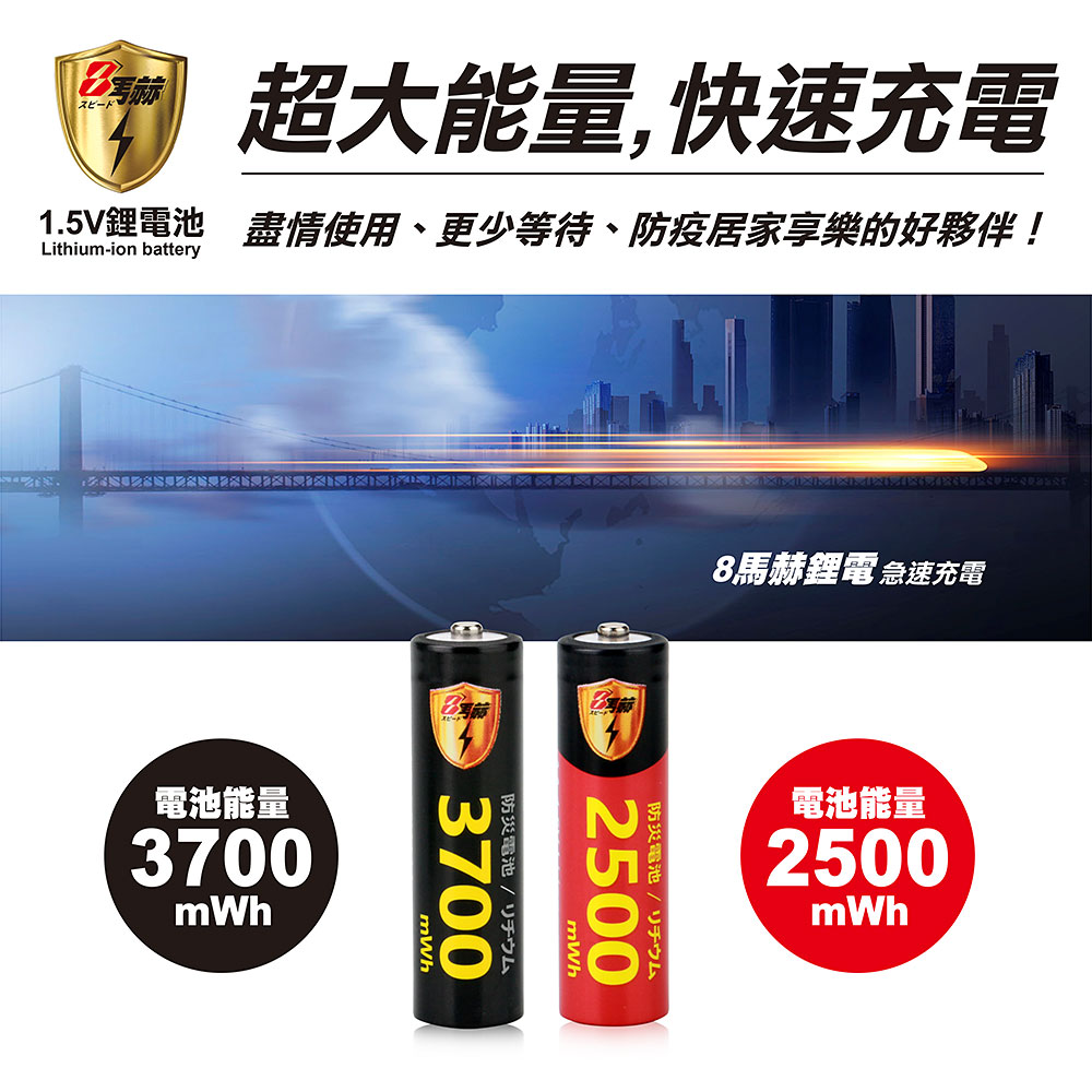 【8馬赫】3號/AA 恆壓可充式1.5V鋰電池全新特大能量3700mWh8入+(3號4槽)AI隨身收納盒充電器, , large