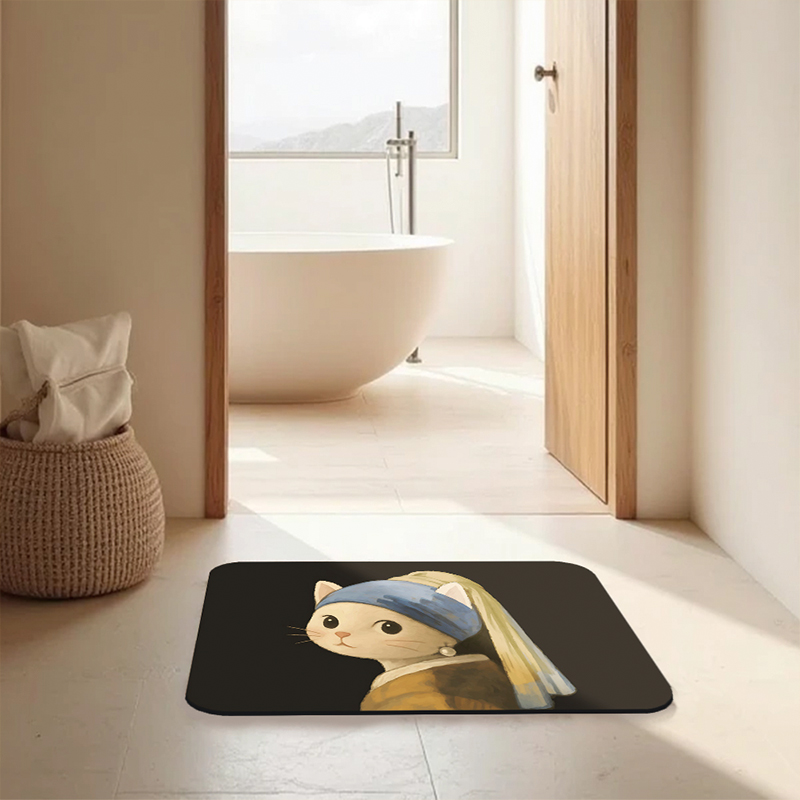 【Monster】 Soft Diatomaceous Earth Absorbent Mat – Nordic Animal Series (60x40cm) – Pearl Cat, , large