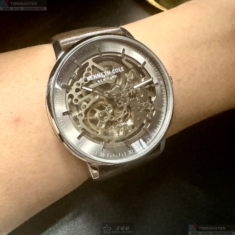 [星晴錶業]Kenneth Cole手錶,42mm,KC00009古銅雙面機械鏤空錶面銀錶殼咖啡色真皮皮革錶帶款, , large