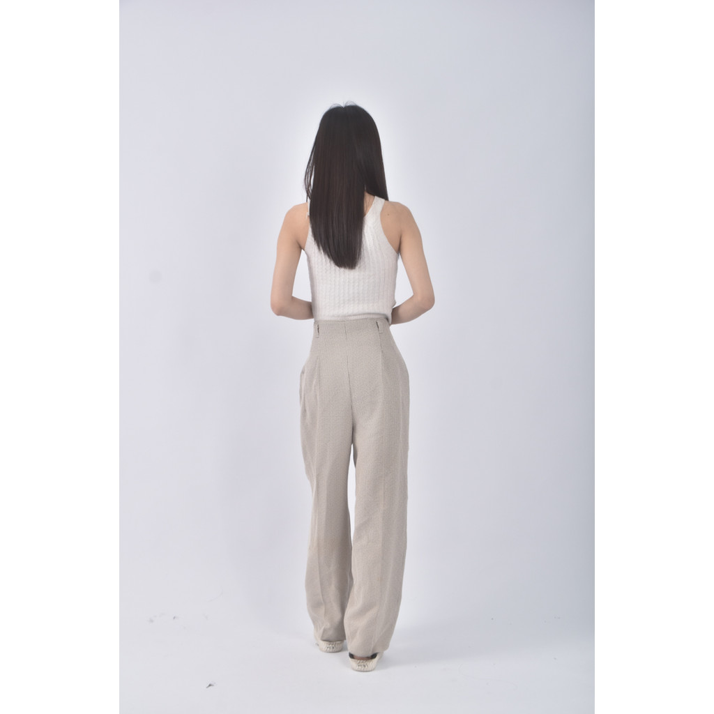 (M) 卡帛高腰質感格紋杏色長褲二手衣, , large