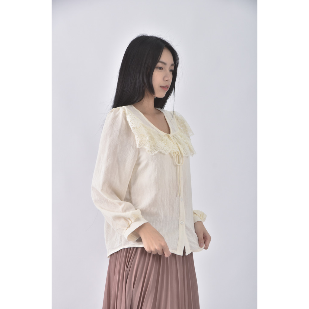 (S) ke mei zi質感蕾絲拼接透膚杏色長袖上衣二手衣, , large