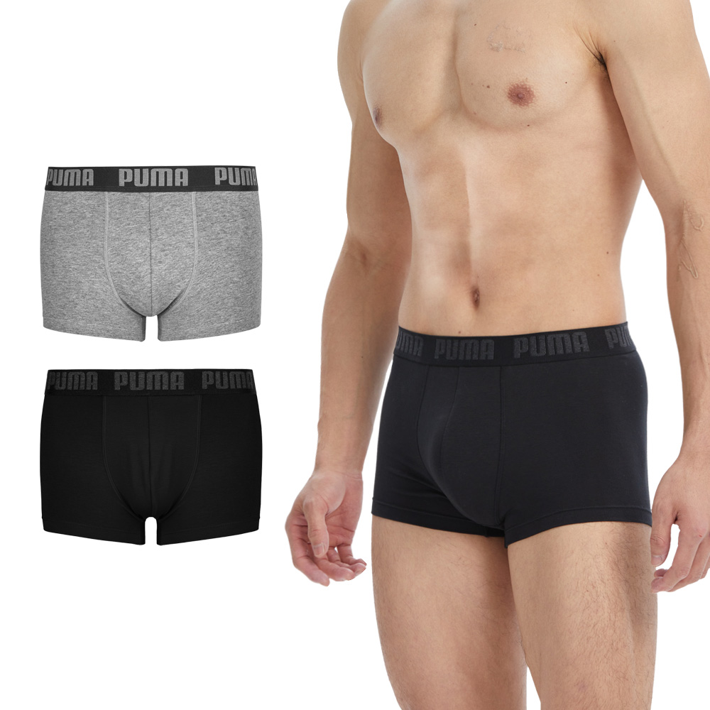 PUMA 平口內褲 1件組 彪馬 跳豹 男內褲 平角內褲 修身 防捲邊 貼合 耐穿 柔軟 棉質 排汗 透氣 抗菌 黑 灰, 黑,L, large