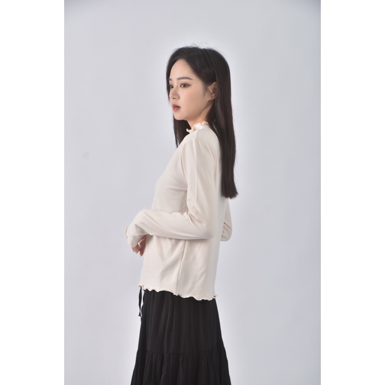(S) jenny eyelet韓牌質感木耳邊杏色長袖上衣二手衣, , large