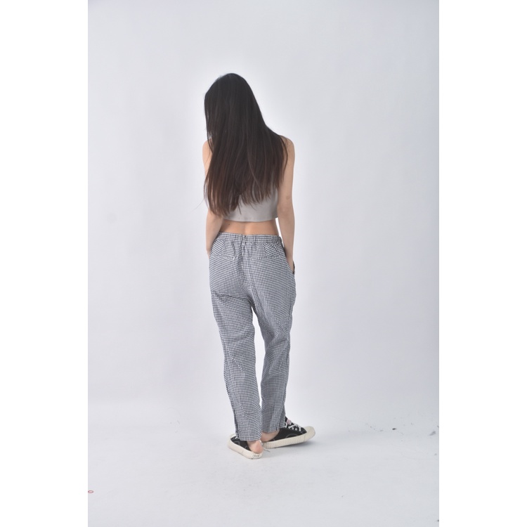(L) uniqlo質感亞麻棉質格紋藍色長褲二手衣, , large