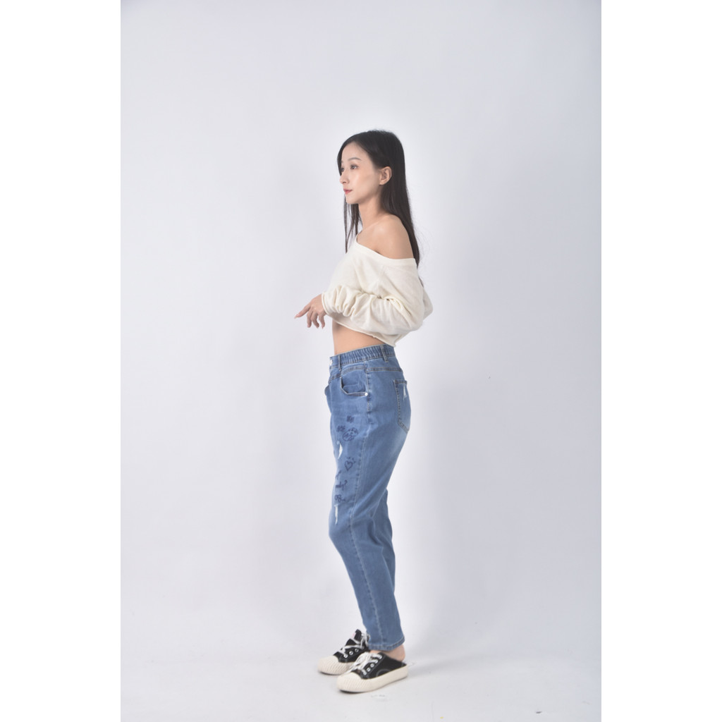 (XL) 高腰丹寧牛仔棉質直筒藍色長褲二手衣, , large