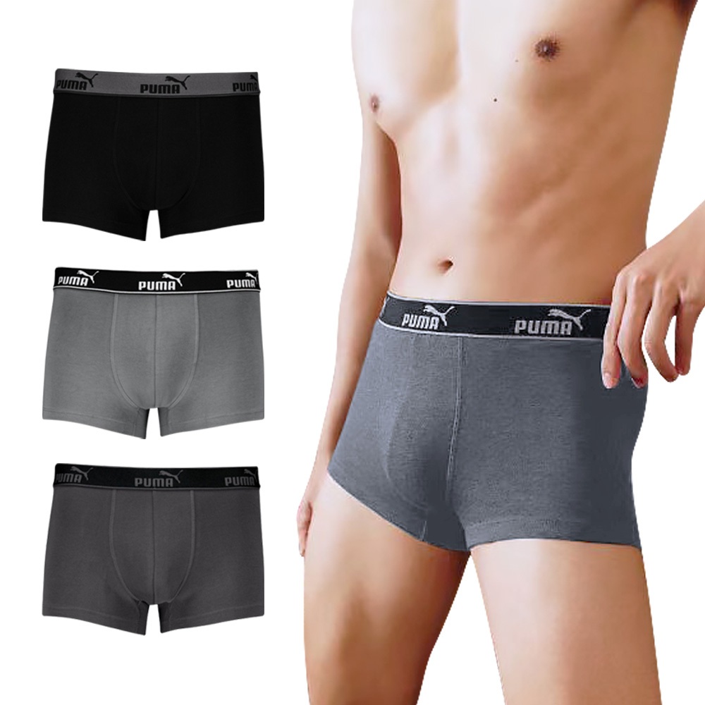 PUMA 平口內褲 3件組 彪馬 跳豹 男內褲 平角內褲 修身 防捲邊 貼合 耐穿 柔軟 棉質 透氣 抗菌 黑 深灰 灰, , large