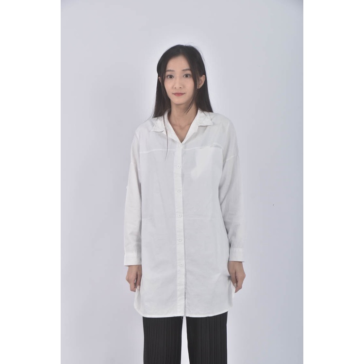 (XL) 長版排扣白色襯衫上衣二手衣, , large