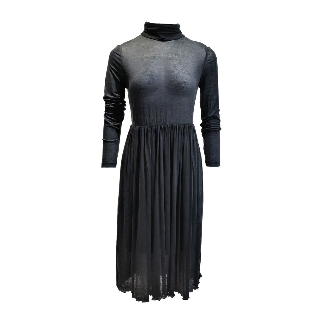 Lizzy黑高領薄紗百褶透視洋裝