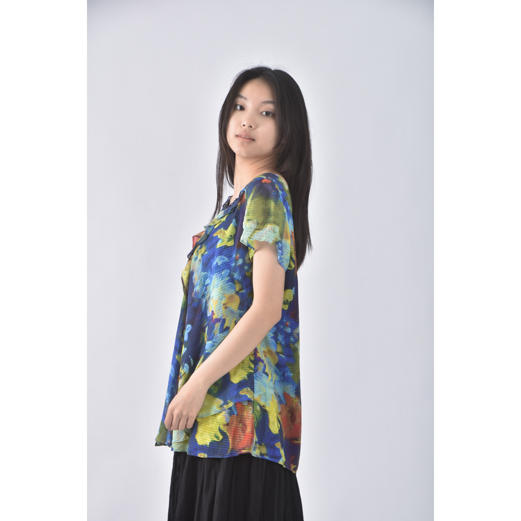 (XL) ming uei雪紡藍色短袖上衣二手衣, , large