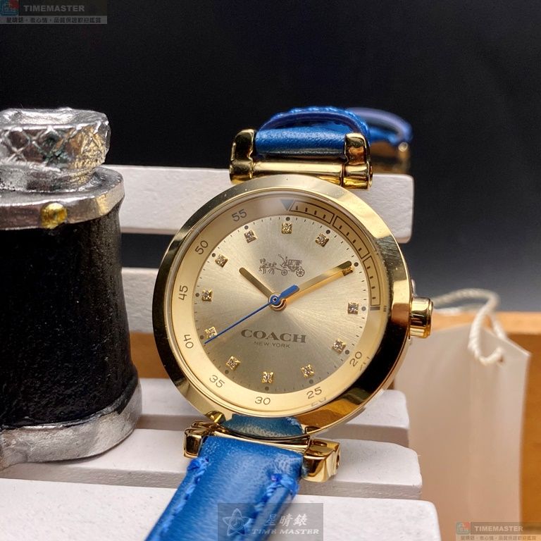 [星晴錶業]COACH手錶,30mm,CH00047金色錶面金色錶殼寶藍真皮皮革錶帶款, , large