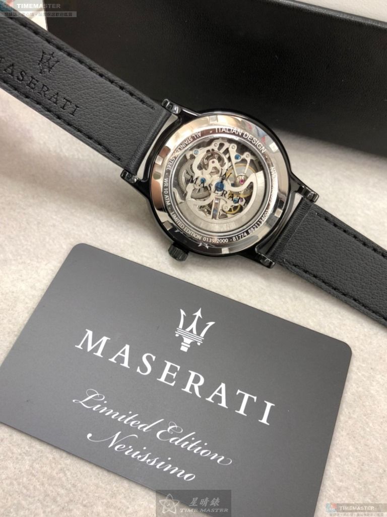 [星晴錶業]MASERATI手錶,44mm, 46mm,R8821134001黑雙面機械鏤空錶面黑錶殼深黑色真皮皮革錶帶款, , large