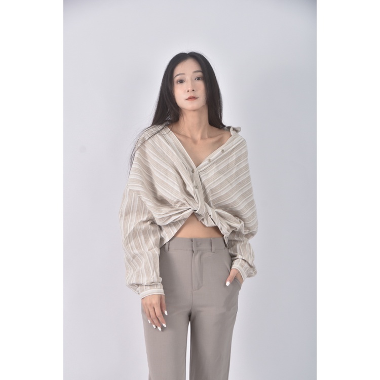 (L) pazzo質感修身短版亞麻棉質條紋杏色長袖上衣二手衣, , large