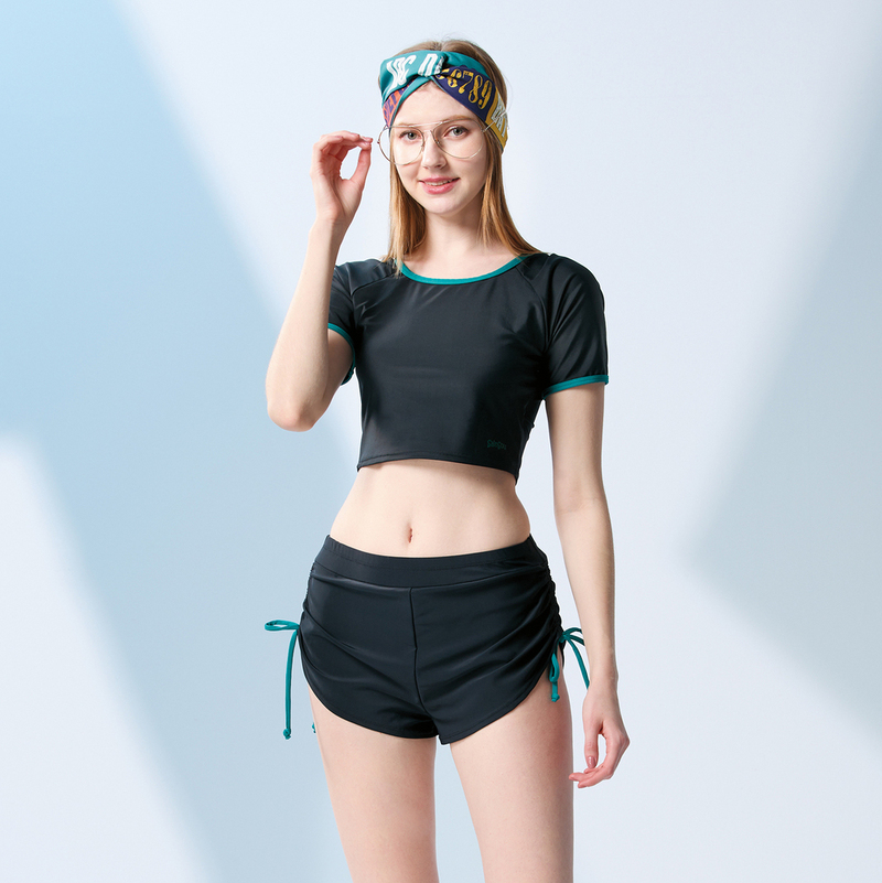 台灣製 少女墨綠修身短袖二件式 泳裝 限量發售, , large