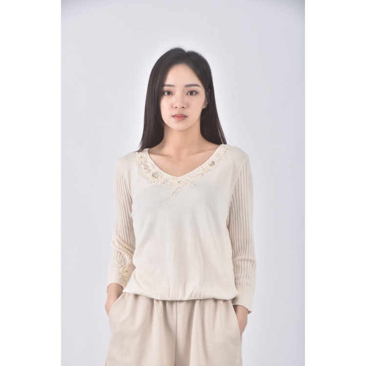 (L) 依蕾質感V領杏色長袖上衣二手衣, , large