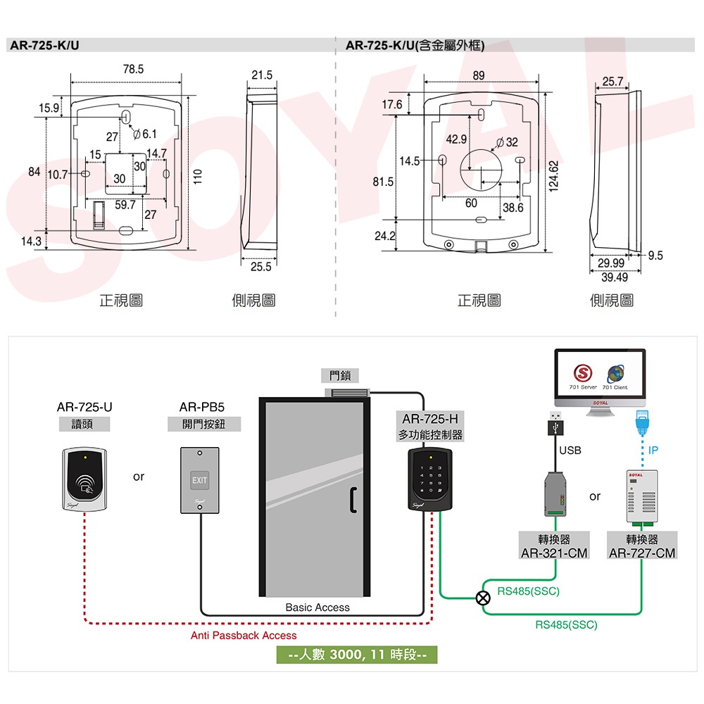 昌運監視器 SOYAL AR-725-U(AR-725U) 125K EM 亮黑 門禁讀頭 觸碰式背光設計款感應讀頭, , large