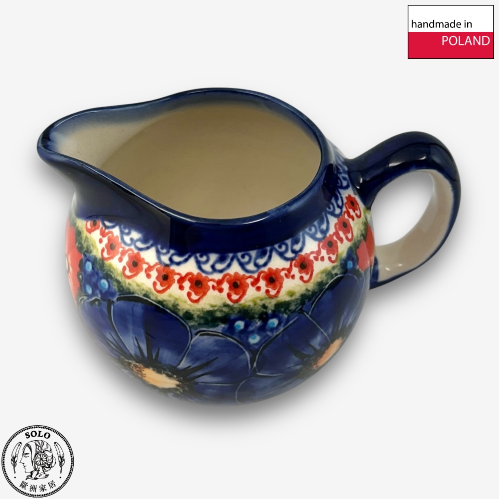 【SOLO Vintage】Cerraf Polish Pottery 320ml Milk Jug Red and Blue Blossoming Elegance Series Made in Poland, , large