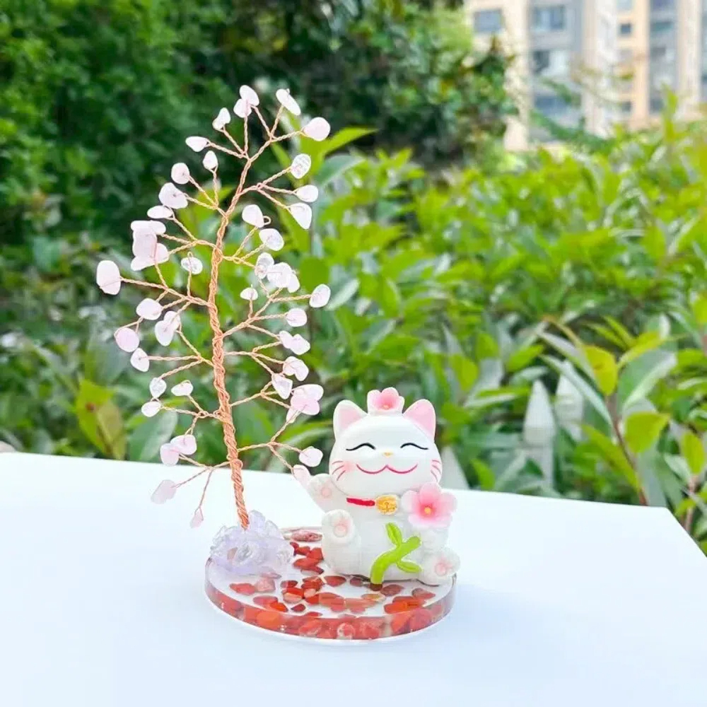 【A&R】開運水晶樹 招財貓款 - 粉水晶貓貓賞花幸福喵, , large